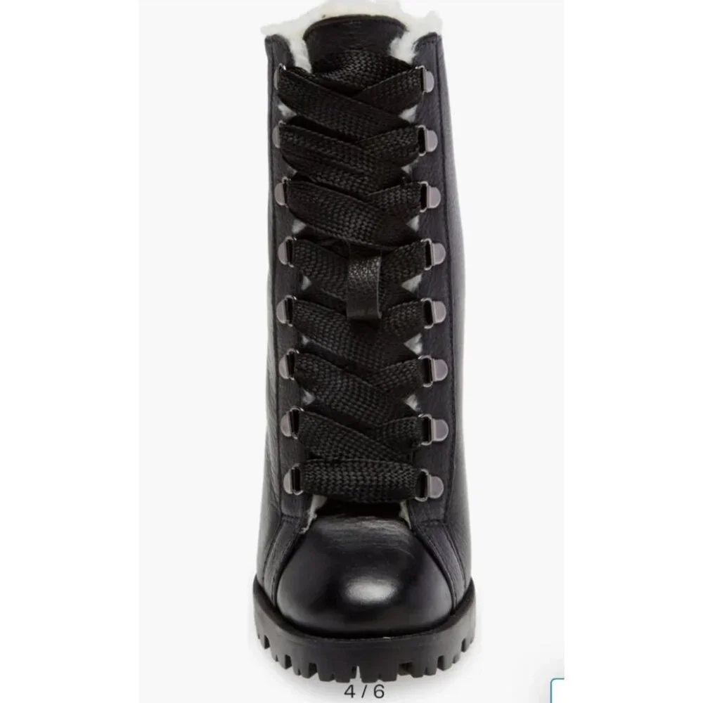 Schultz Zhara Black Lace Sherpa Stacked Lug Leather Boots 7 NEW $250 Moto Boho